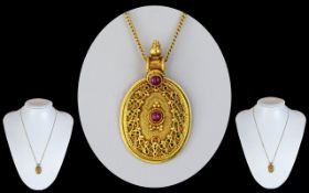 Antique Period - Attractive and Ornate 18ct Gold Oval Shaped Pendant with Applied Decorative Design