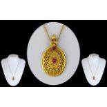 Antique Period - Attractive and Ornate 18ct Gold Oval Shaped Pendant with Applied Decorative Design