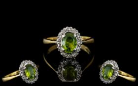 Ladies 18ct Gold Attractive Peridot and Diamond Set Cluster Ring. Full Hallmark for 750 - 18ct to