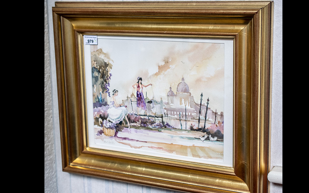 Watercolour by Peter Shackleton depicting two ladies in the foreground of the Grand Canal, Venice.