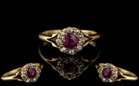 Antique Period 19th Century Ladies 18ct Gold Attractive Ruby and Diamonds Set Ring,