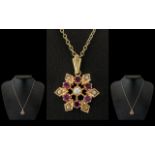 Antique Period Attractive 9ct Gold Ruby and Seed Pearl Set Star Pendant,
