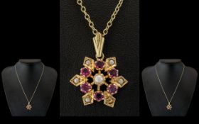 Antique Period Attractive 9ct Gold Ruby and Seed Pearl Set Star Pendant,