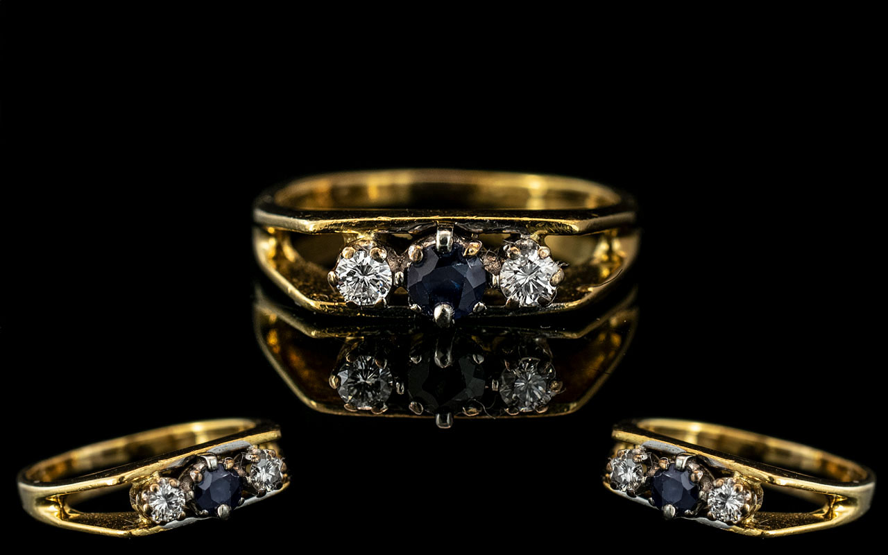 18ct Gold - Attractive 3 Stone Sapphire / Diamond Set Ring with Open Shoulders.