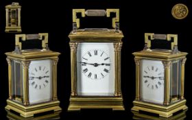 French - Late 19th Century Richards & CIE Heavy Polished Brass and Glass Panels Carriage Clock with