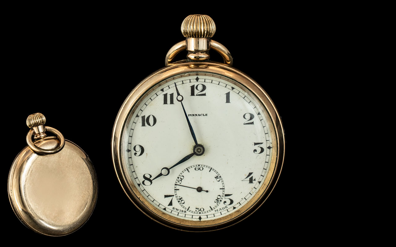 9ct Gold Plated - Good Quality Open Faced Pocket Watch ( Key-less ) Watch / Case / Dial Good.