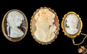 Antique Period Fine Quality Trio of 18ct and 9ct Gold Cameo Mounted Brooches.