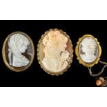Antique Period Fine Quality Trio of 18ct and 9ct Gold Cameo Mounted Brooches.