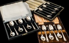 Three Sets Of Silver Teaspoons, All Hallmarked In Fitted Boxes, Gross Weight 220 grams