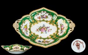 Royal Crown Derby Fine Hand Painted Twin Handle Boat Shaped Bowl. Hand Painted In Panels of Floral