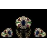 Ladies 14ct Gold Superb Multi Stone Set Dress Ring, Set with Emeralds, Diamonds, Rubies and