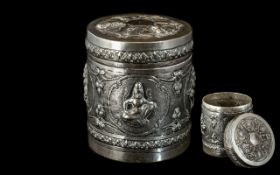 Indian Engraved Silver Lidded Pot, depicting deities with engraved decoration, measures 3'' tall x