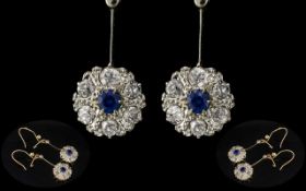 Antique Period - Stunning and Exquisite 18ct Yellow Gold and Platinum Diamond and Sapphire Set Pair