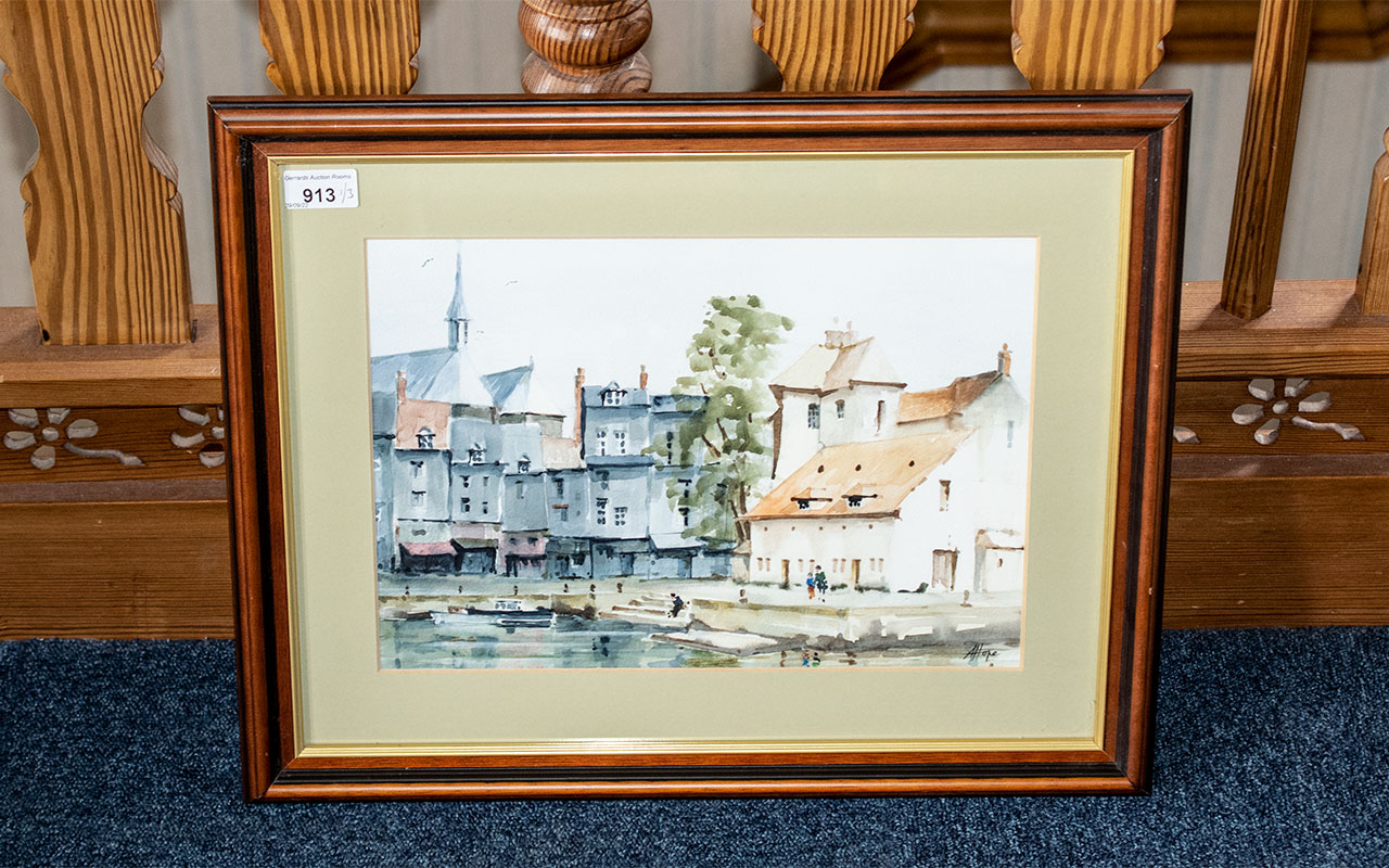 Collection of Three Framed and Glazed Water Colours, depicting a blue sea scape, a harbour scene, - Image 2 of 2