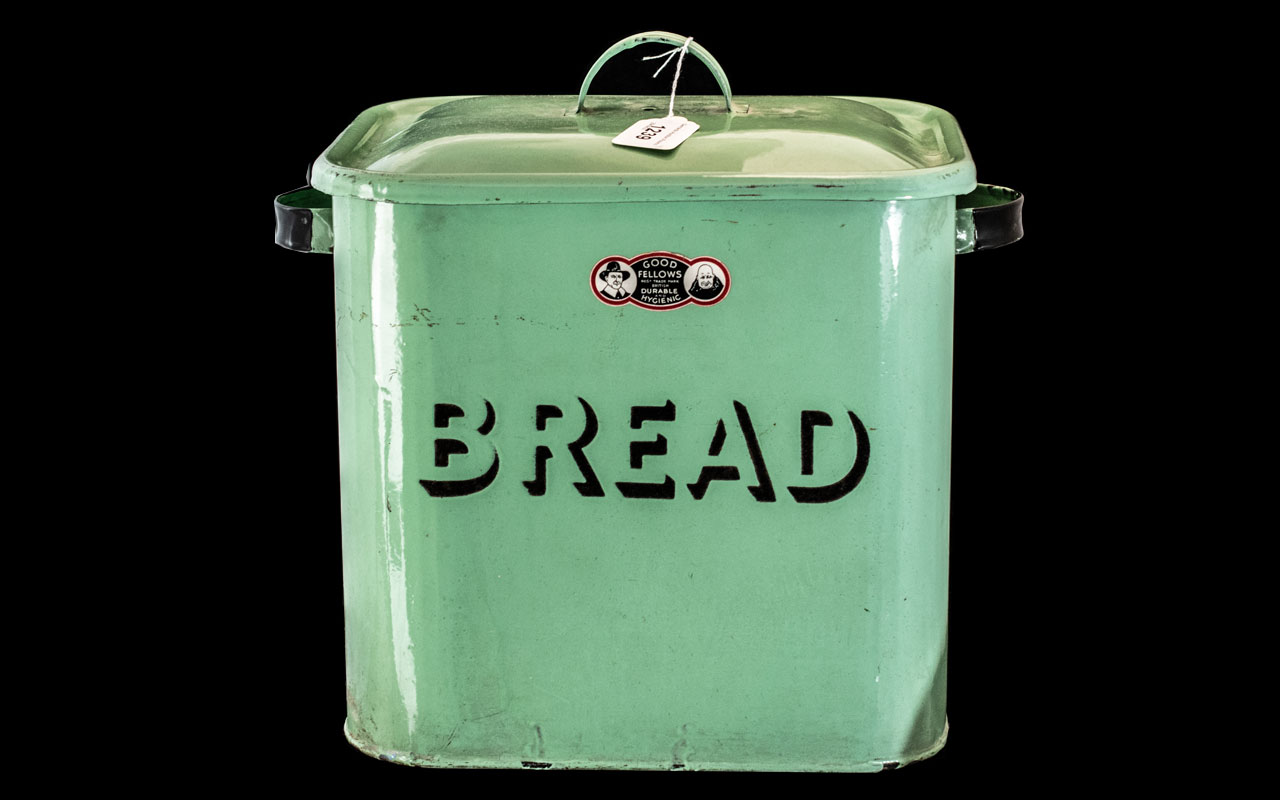 Enamelled Green Bread Bin, early to mid 20th Century,