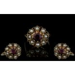 Ladies 9ct Gold Pearl and Garnet Set Cluster Ring, Flower head Setting.