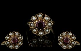 Ladies 9ct Gold Pearl and Garnet Set Cluster Ring, Flower head Setting.