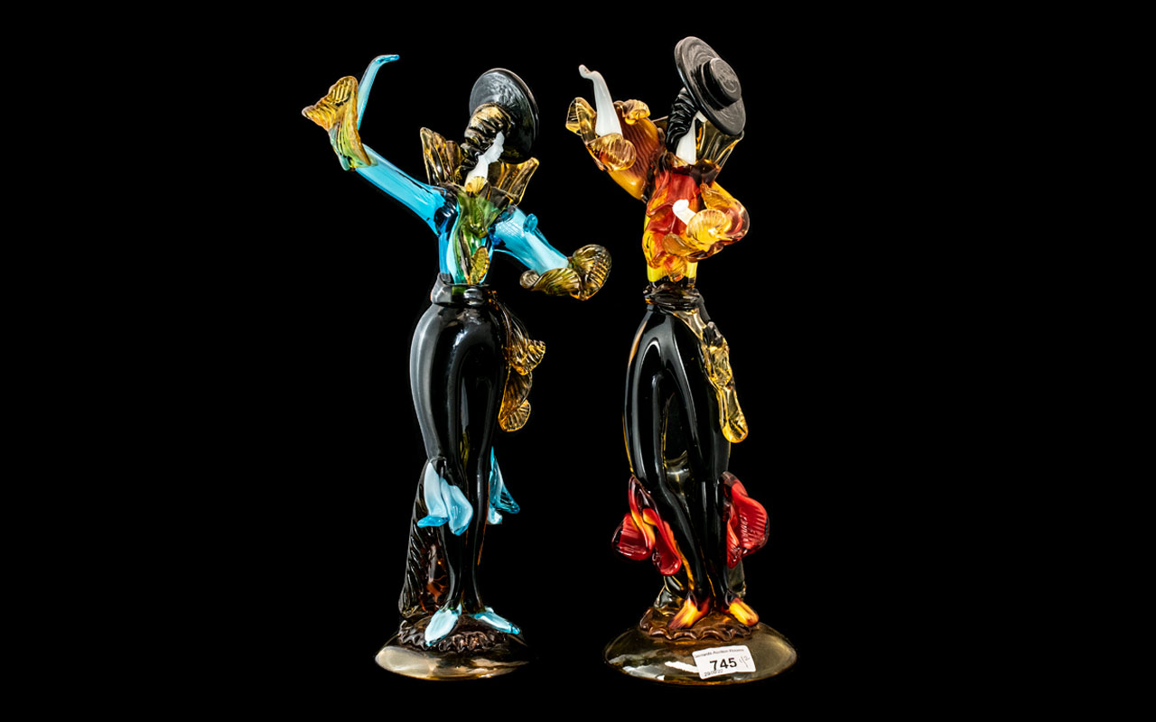 Pair of Murano Glass Dancers, 16" tall, depicting two Spanish dancers, in bright colours.