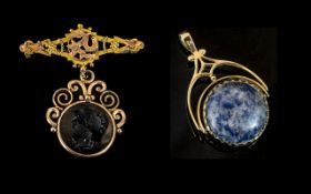 Antique Period - Attractive 9ct Gold Brooch with a Fancy 9ct Gold Mounted Oval Intaglio Set Drop In