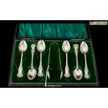 Boxed Set Of Six Silver Spoons And Matching Sugar Tongs, Hallmarked For Birmingham C 1927,
