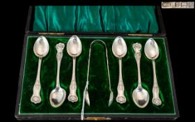 Boxed Set Of Six Silver Spoons And Matching Sugar Tongs, Hallmarked For Birmingham C 1927, Weight