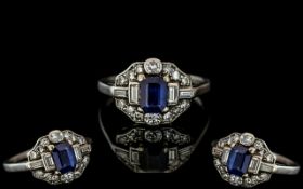Art Deco Period - Attractive Platinum Diamond and Sapphire Set Ring, Excellent Design.