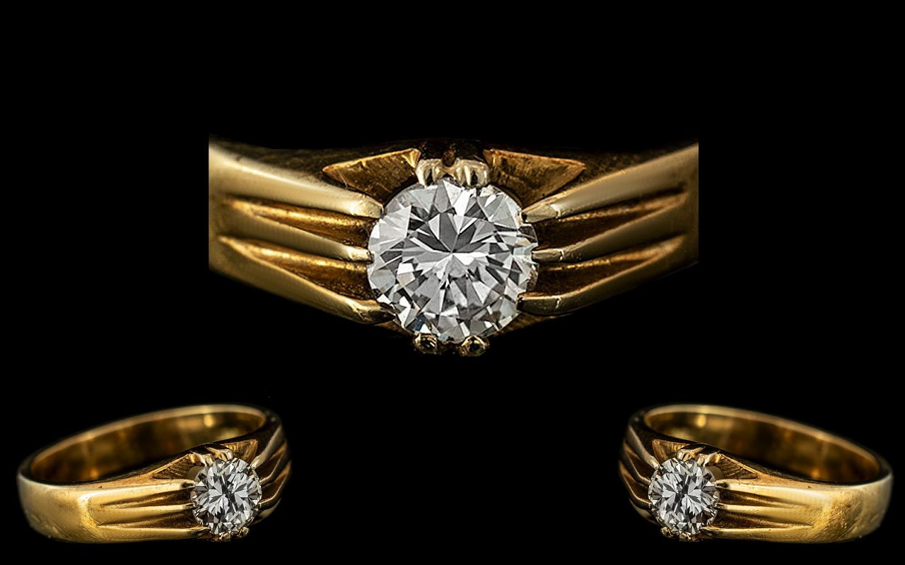 Gents - Superb Quality 18ct Gold Single Stone Diamond Ring. Gypsy Setting.