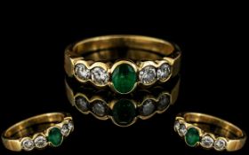 18ct Gold Attractive 5 Stone Emerald and Diamond Set Ring, Of Pleasing Design.