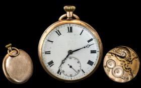 9ct Gold - Open Faced Key-less Pocket Watch with White Porcelain Dial, Black Numerals,