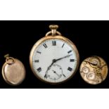9ct Gold - Open Faced Key-less Pocket Watch with White Porcelain Dial, Black Numerals,