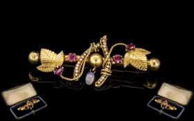 Antique Period - Superb 18ct Gold Naturalistic Brooch, Set with Rubies, Seed Pearls and Opal. c.