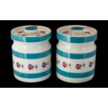 Pair of Portmeirion Pottery Lidded Storage Pots, white ground with blue stripes and floral rose