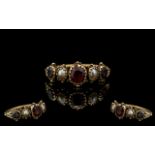 Antique Period - Attractive 15ct Gold Seed Pearl and Garnet Set Ring. Excellent Setting / Design.