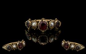 Antique Period - Attractive 15ct Gold Seed Pearl and Garnet Set Ring. Excellent Setting / Design.