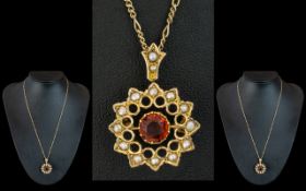 Antique Period - Attractive Open-worked 9ct Gold Seed Pearl and Orange Topaz Set Pendant,