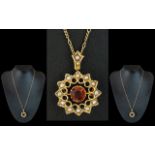 Antique Period - Attractive Open-worked 9ct Gold Seed Pearl and Orange Topaz Set Pendant,