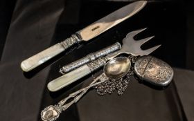 Small Collection of Silver Ware. Includes Fork, Knife and Spoon, Vesta Case and Pencil Holder.