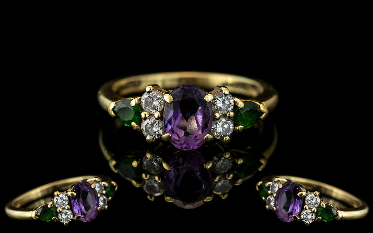 Antique Period Ladies 18ct Gold Attractive Emerald - Diamond - Amethyst Set Ring.