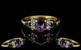 Antique Period Ladies 18ct Gold Attractive Emerald - Diamond - Amethyst Set Ring. Full Hallmark