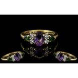 Antique Period Ladies 18ct Gold Attractive Emerald - Diamond - Amethyst Set Ring.