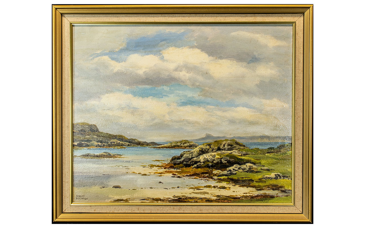 Robert Eggington (British - Born 1943) Eigg From Traigh House. Oil Painting on Canvas Board.