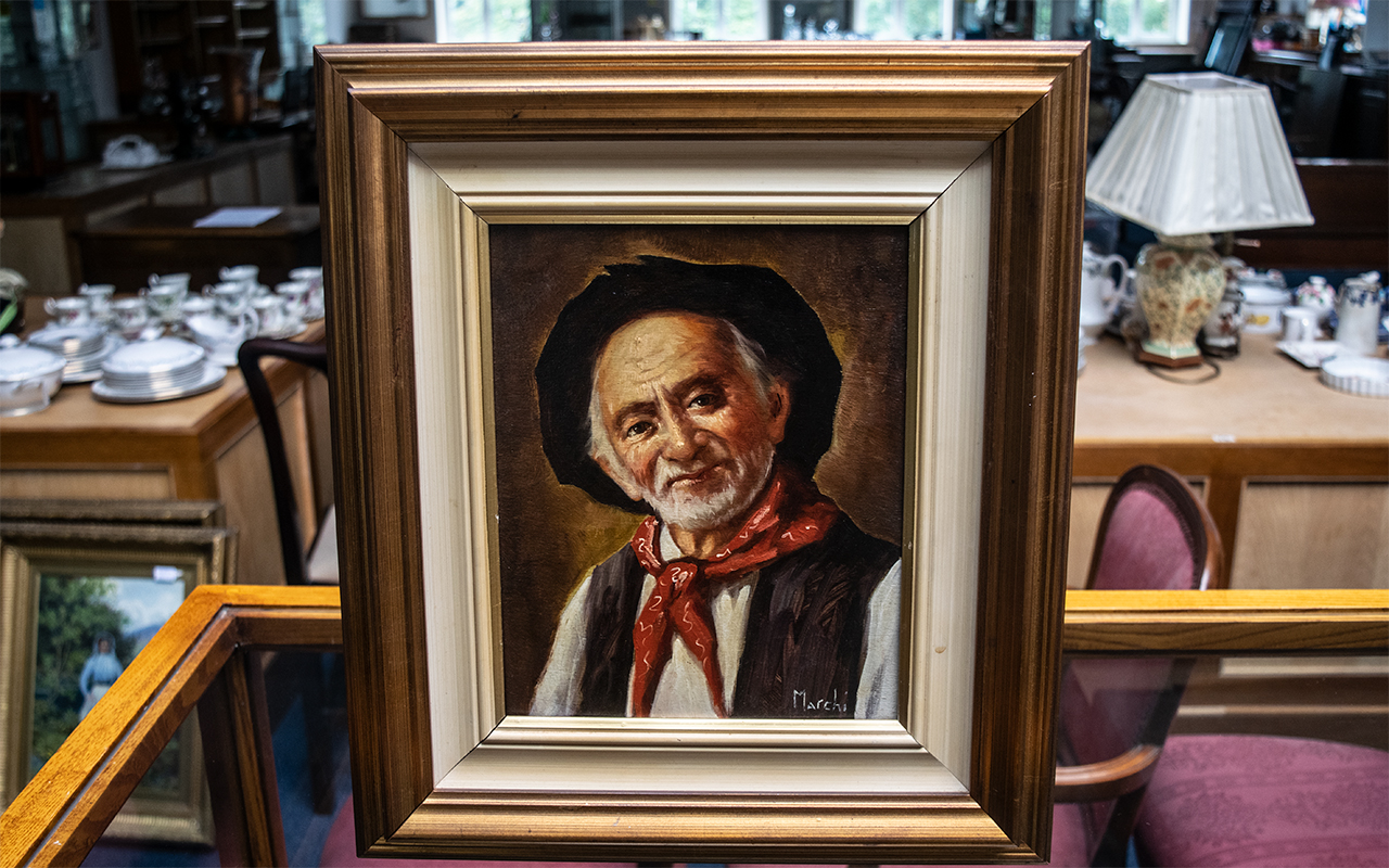 Painting of An Older Italian Gentleman - By The Artist Marchi. Signed to Front. Size Including Frame