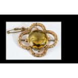 9ct Gold & Smoky Topaz Brooch. Stamped 9ct. Size 1.1/4 by 1.5 Inches.