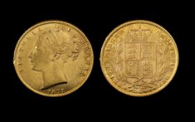 Queen Victoria 22ct Gold - Young Head Shield Back Full Sovereign - Date 1872. Die Number 89.