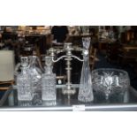 Collection of Quality Glass, comprising two square 11'' decanters with decorative stoppers, a cut