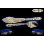 Antique Period - Superior Quality Boxed Set of Large Silver Plated Fish Servers.