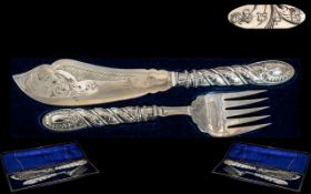 Antique Period - Superior Quality Boxed Set of Large Silver Plated Fish Servers. Knife 13 Inches -
