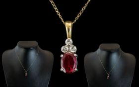 Ladies - Attractive 9ct White Gold Diamond and Red Stone Set Pendant / Drop,
