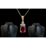 Ladies - Attractive 9ct White Gold Diamond and Red Stone Set Pendant / Drop,