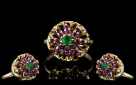 Ladies Attractive 14ct Gold Ruby and Emerald Set Cluster Ring.